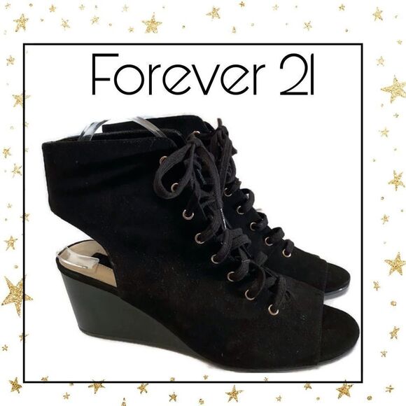 Forever 21 Black Suede Lace Up Peep Toe Wedges 8 - Picture 1 of 7